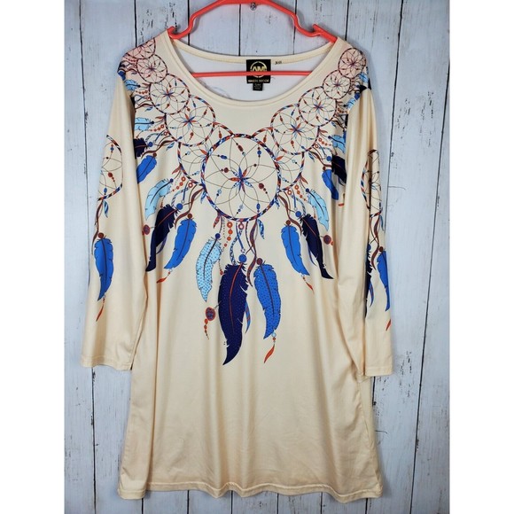 Ameri Mode Tops - Ameri Mode Women's Dreamcatcher Printed Long Tunic Blouse Size S/M Beige Blue
